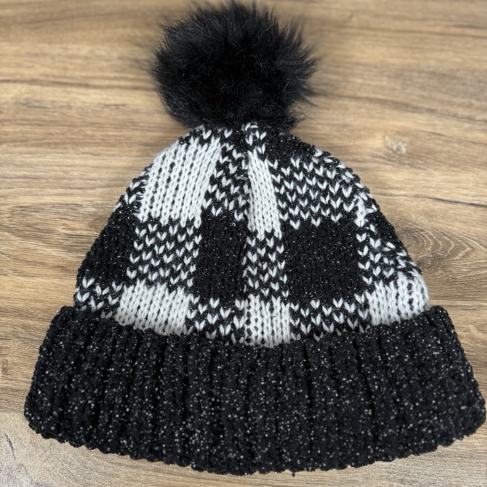 Maurice's Women's Winter Hat Pom Black‎ White Silver Plaid